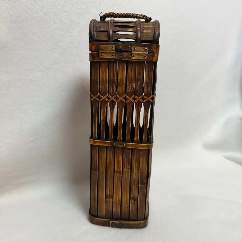 Bamboo Wooden Vintage Wine Liquor Bottle Carrier Handle Clasp Farmhouse Boho